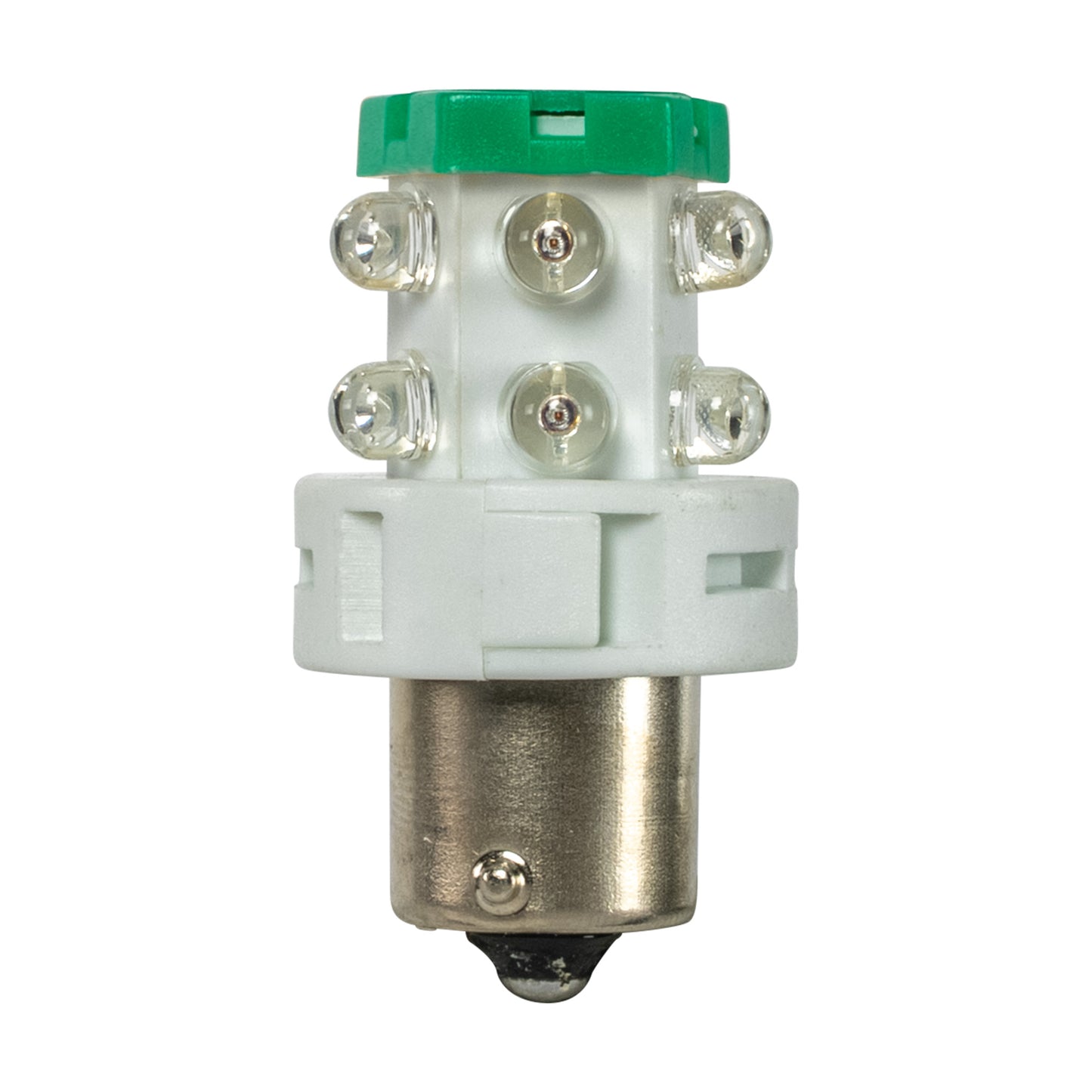 Light bulb with green top and white base on a white background