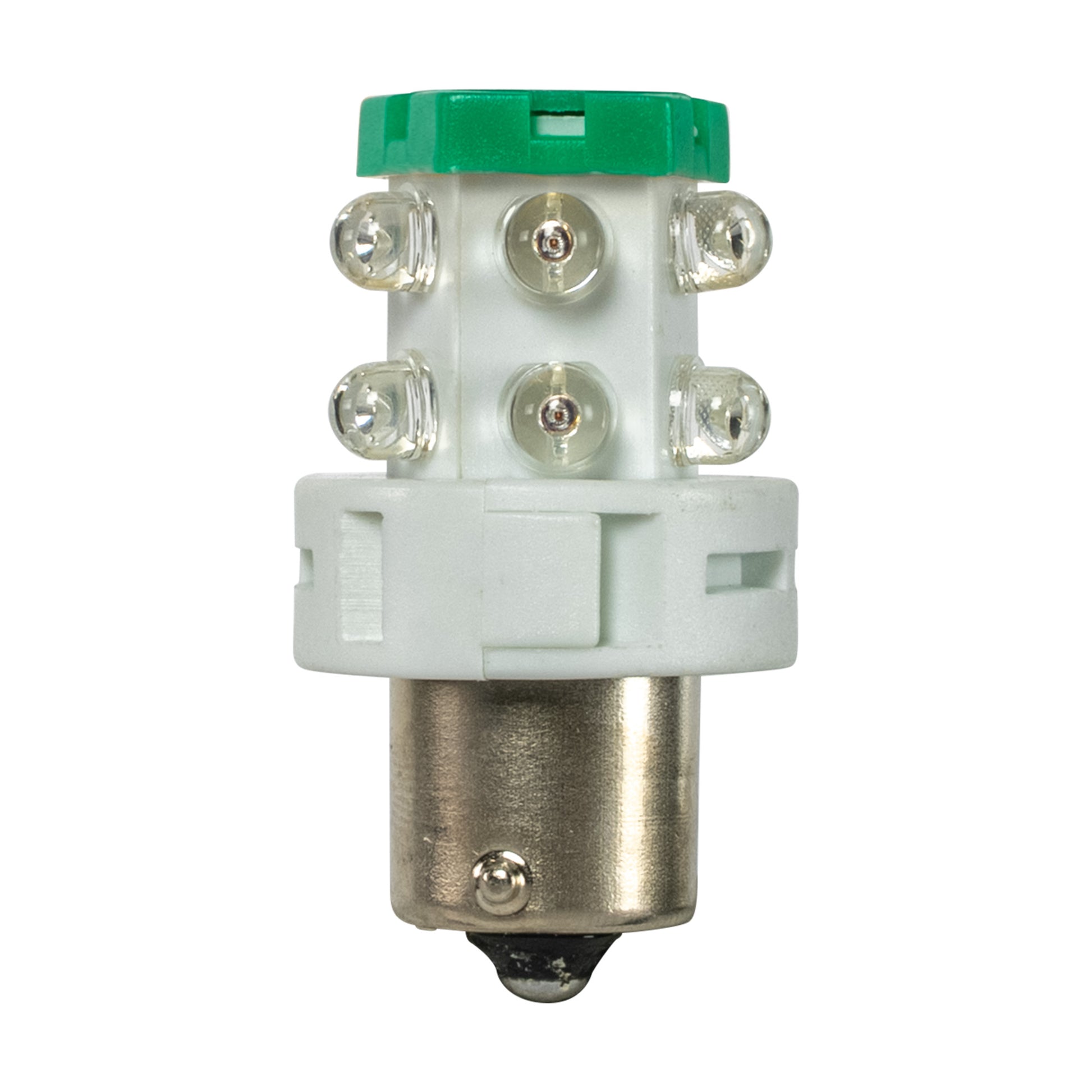 Light bulb with green top and white base on a white background