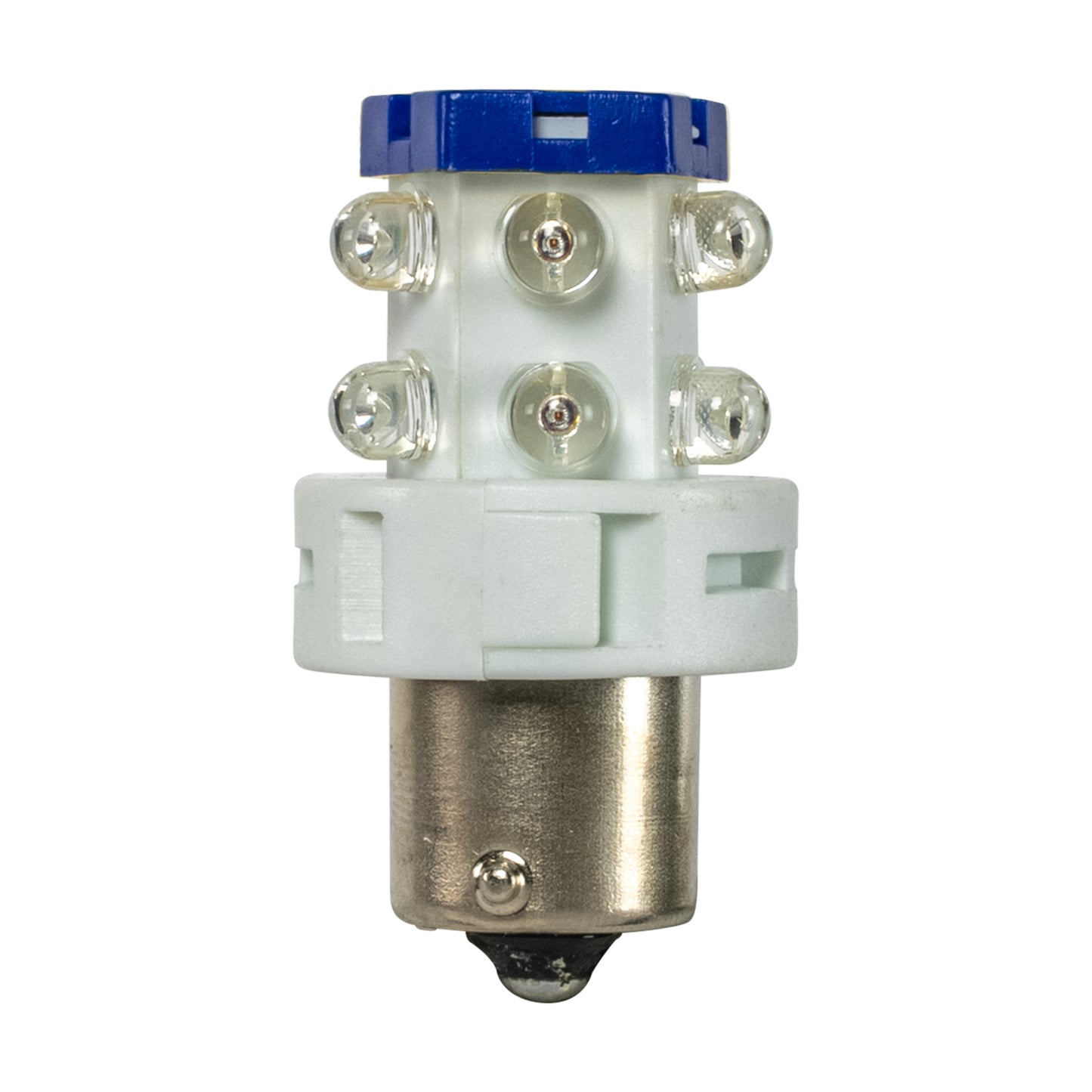 Light bulb with blue top and white base on a white background