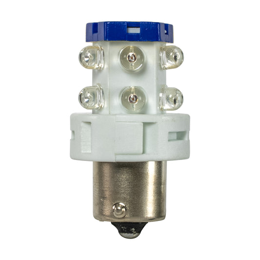 Light bulb with blue top and white base on a white background