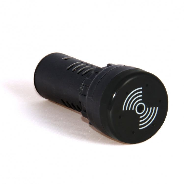 A 22mm black panel mount audible alarm with LED indicator, featuring a cylindrical shape with screw terminal connections.