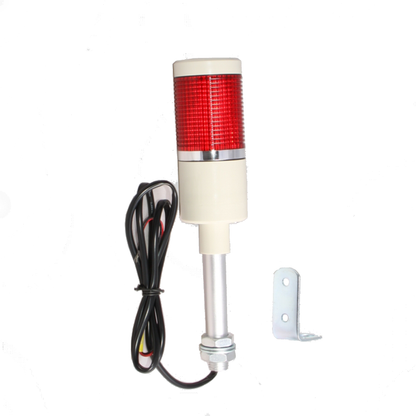 Red pole-mounted industrial light with chrome mounting bracket and black ready-to-wire cable.