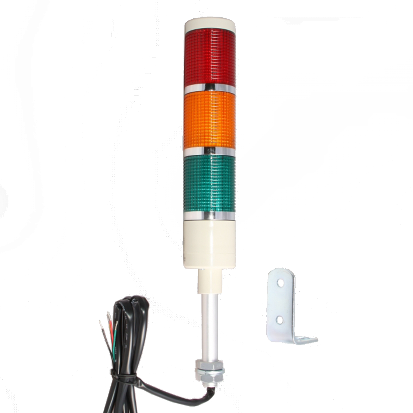 Multi-color pole-mounted industrial light with chrome mounting bracket and black ready-to-wire cable; Red-Amber-Green.