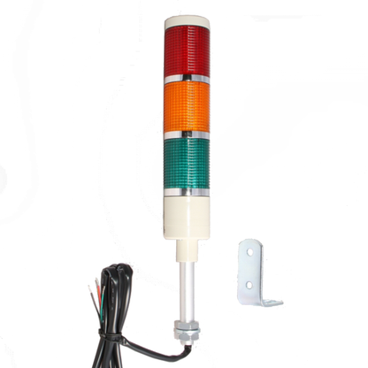 Multi-color pole-mounted industrial light with chrome mounting bracket and black ready-to-wire cable; Red-Amber-Green.