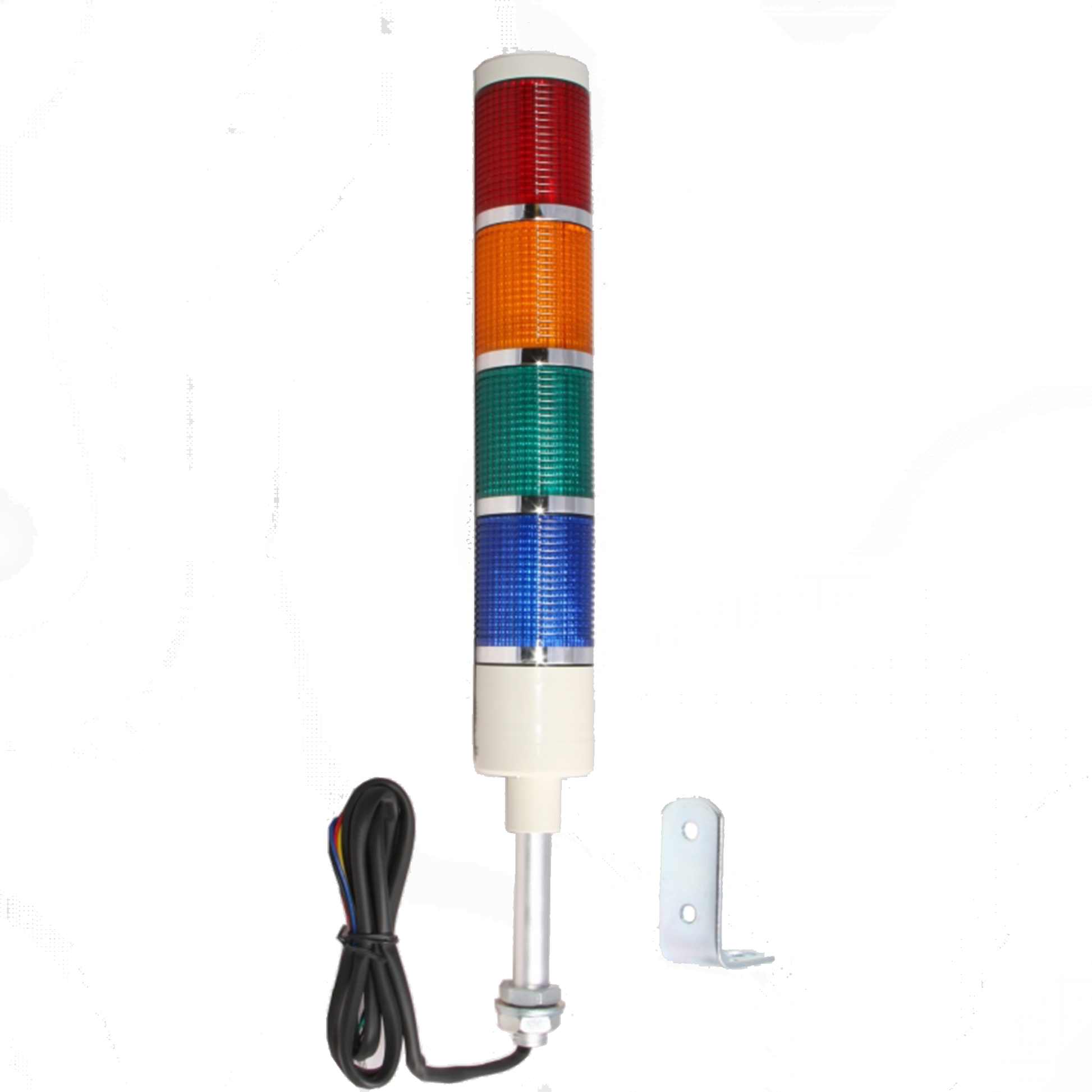 Multi-color pole-mounted industrial light with chrome mounting bracket and black ready-to-wire cable; Red-Amber-Green-Blue.