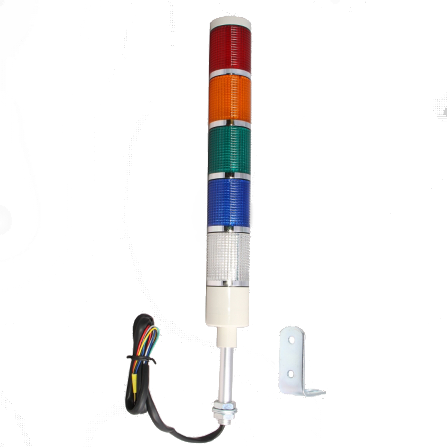 Multi-color pole-mounted industrial light with chrome mounting bracket and black ready-to-wire cable; Red-Amber-Green-Blue-White.