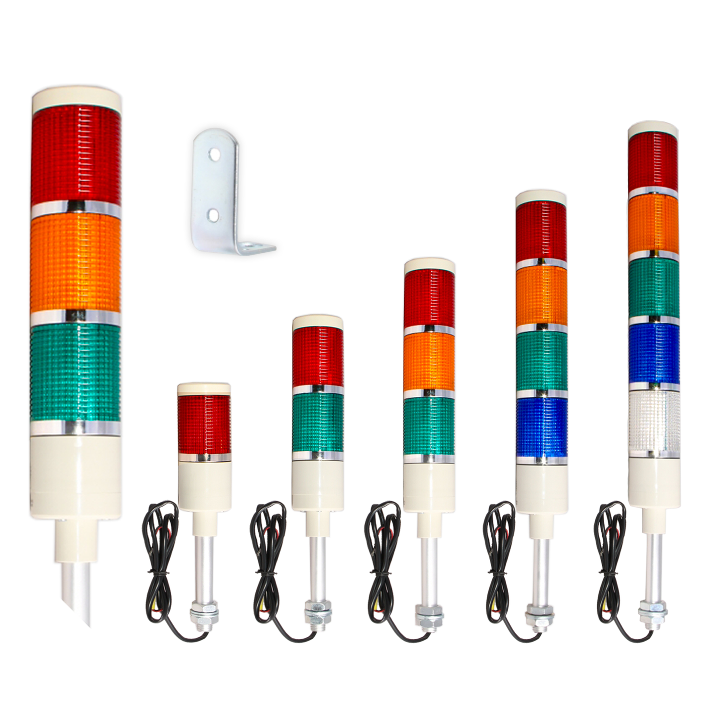 A collection of LED Andon stack lights in various sizes, featuring a mounting pole and bracket, with a multicolored light pattern.