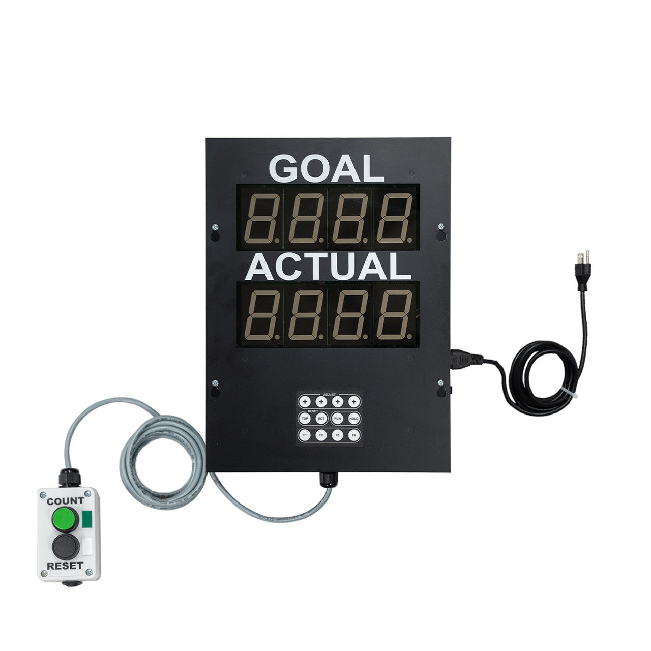 Black actual and goal counter with count reset control box and 3-prong power cord