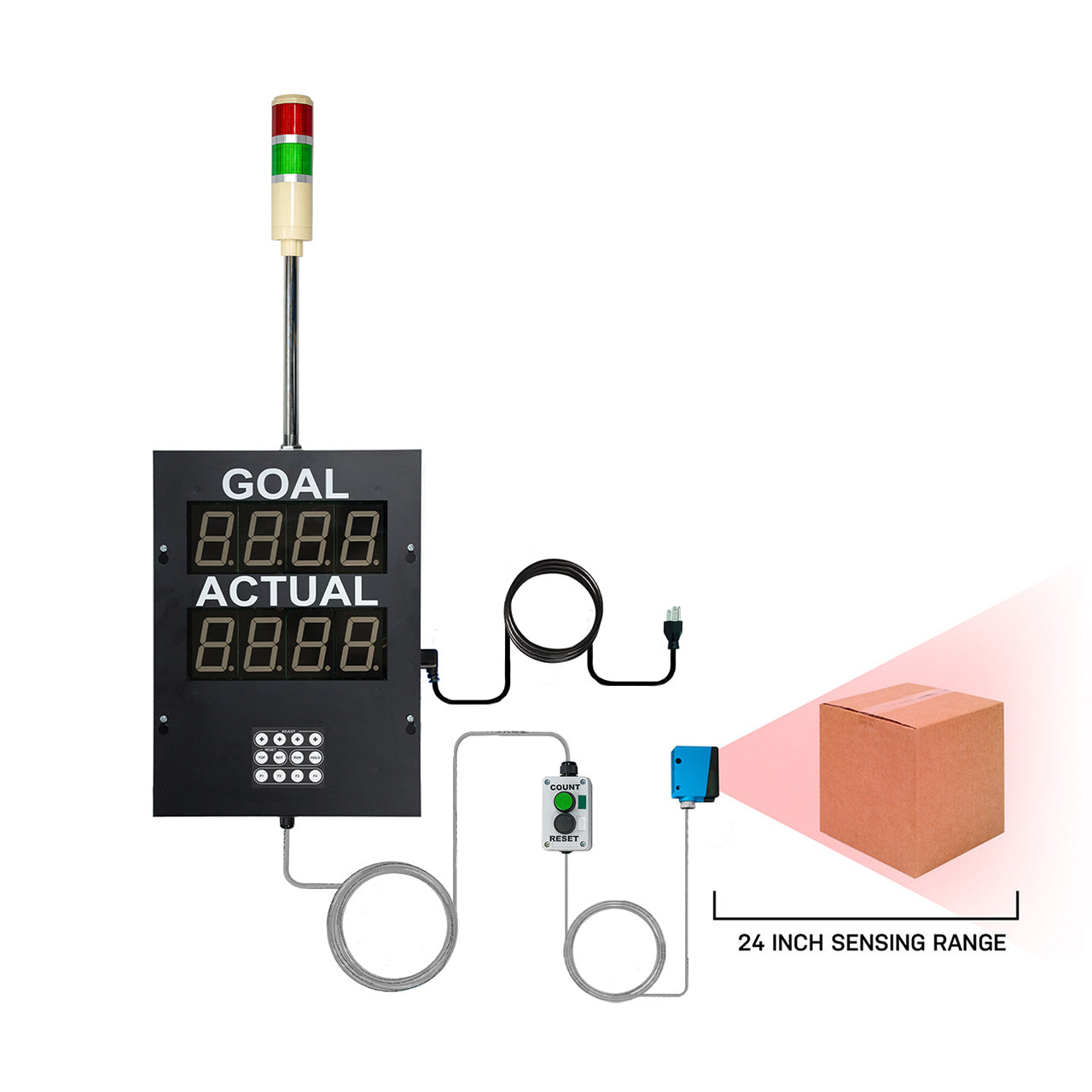 Inductive proximity switch with digital display and sensor range illustration on a white background