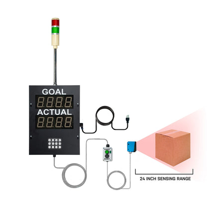 Inductive proximity switch with digital display and sensor range illustration on a white background