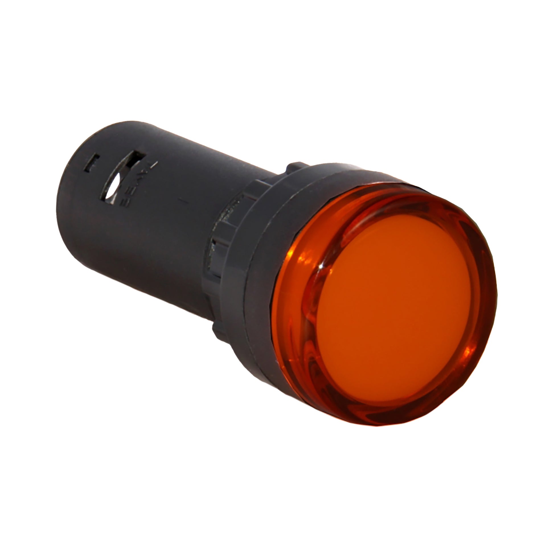 Amber LED pilot light on a white background.