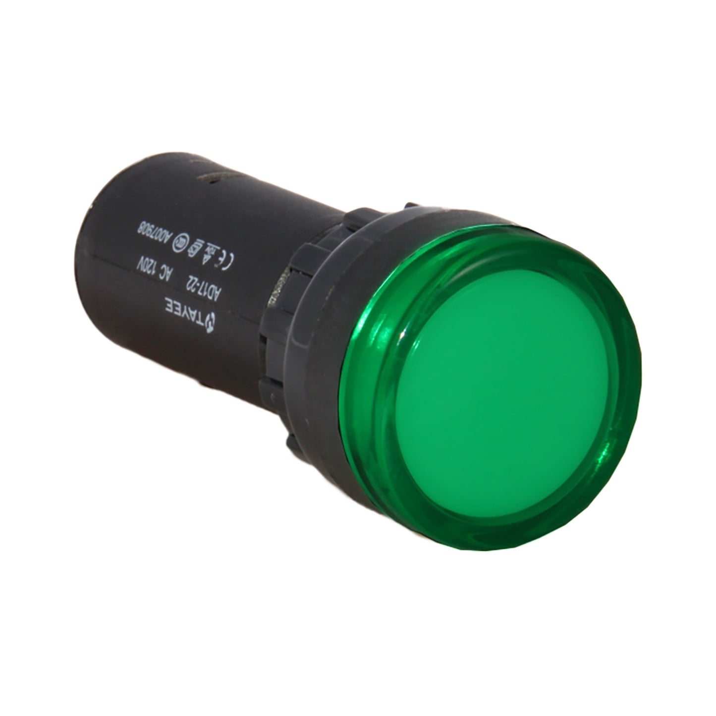 Green LED pilot light on a white background.