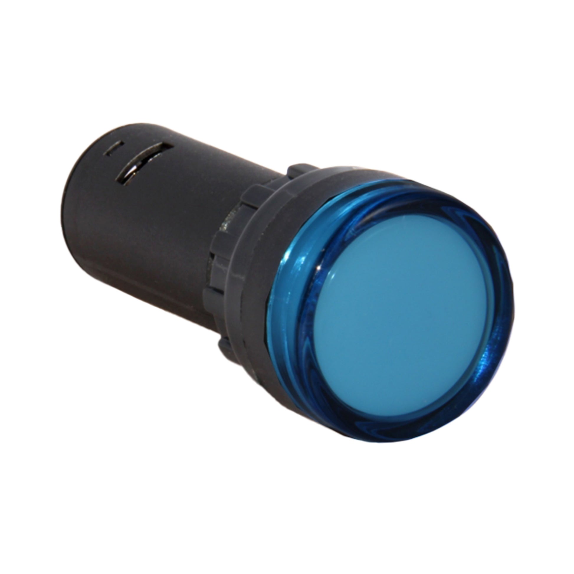 Blue LED pilot light on a white background.