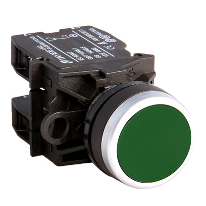 Green push button switch with black casing on a white background