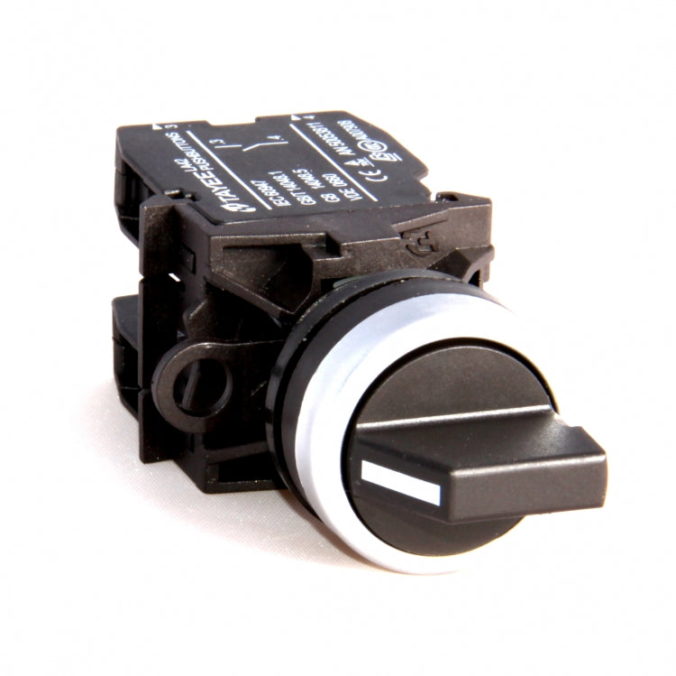 A black maintained 2 position toggle switch with a white lever and two NO contact blocks.