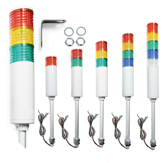 A collection of LED stack light units in various color combinations, featuring red, green, and blue colors, with mounting accessories included.