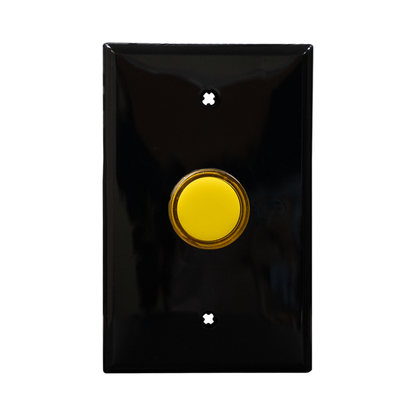 Black wall plate with yellow pilot light on a white background.