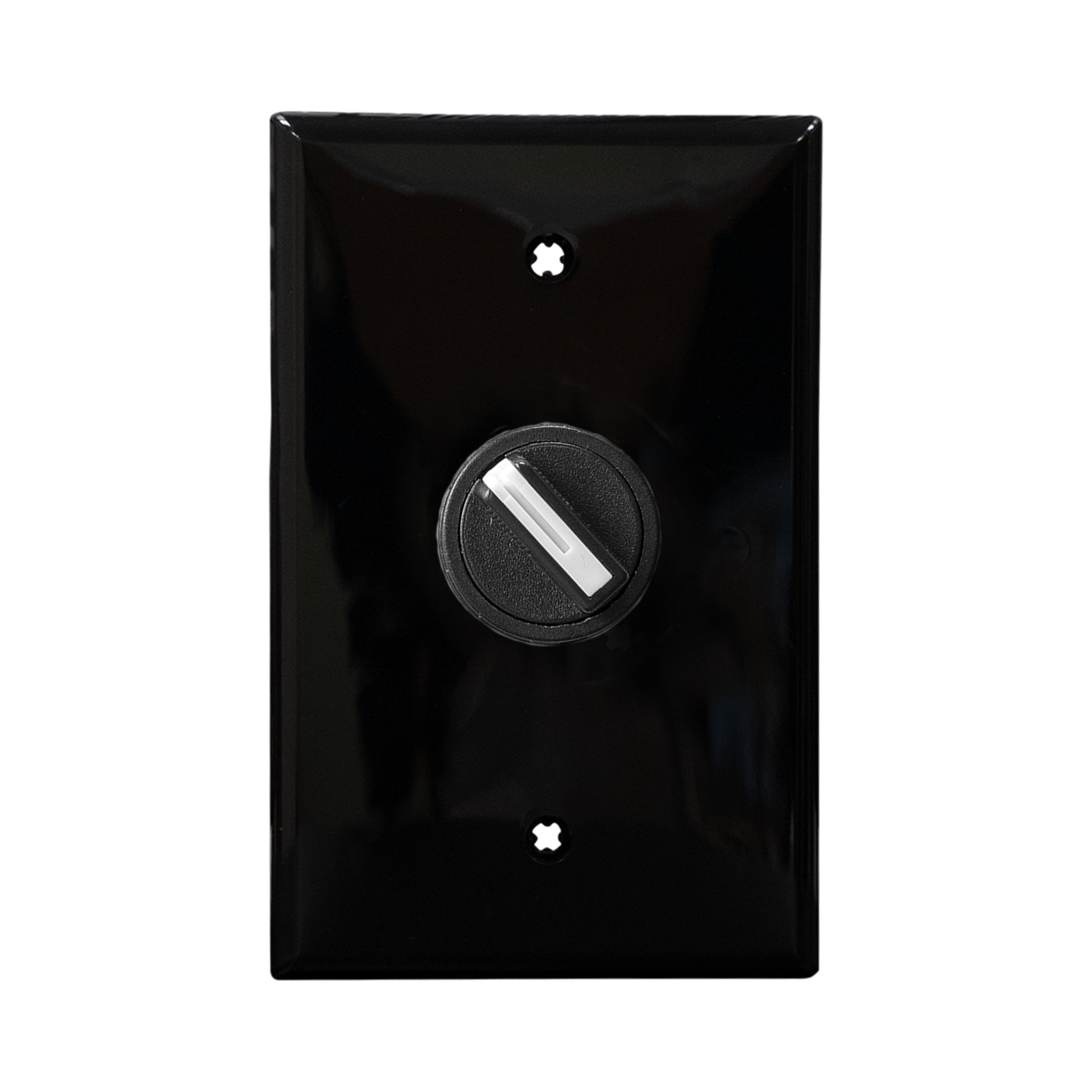 Black wall plate with black 2-position switch on a white background.