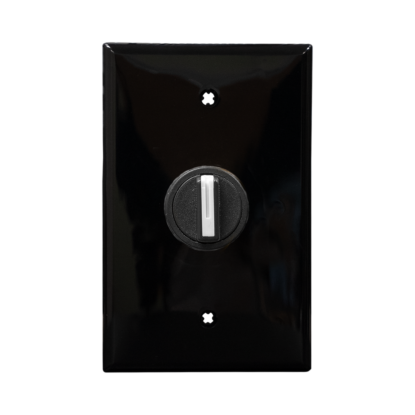 Black wall plate with black 3-position switch on a white background.