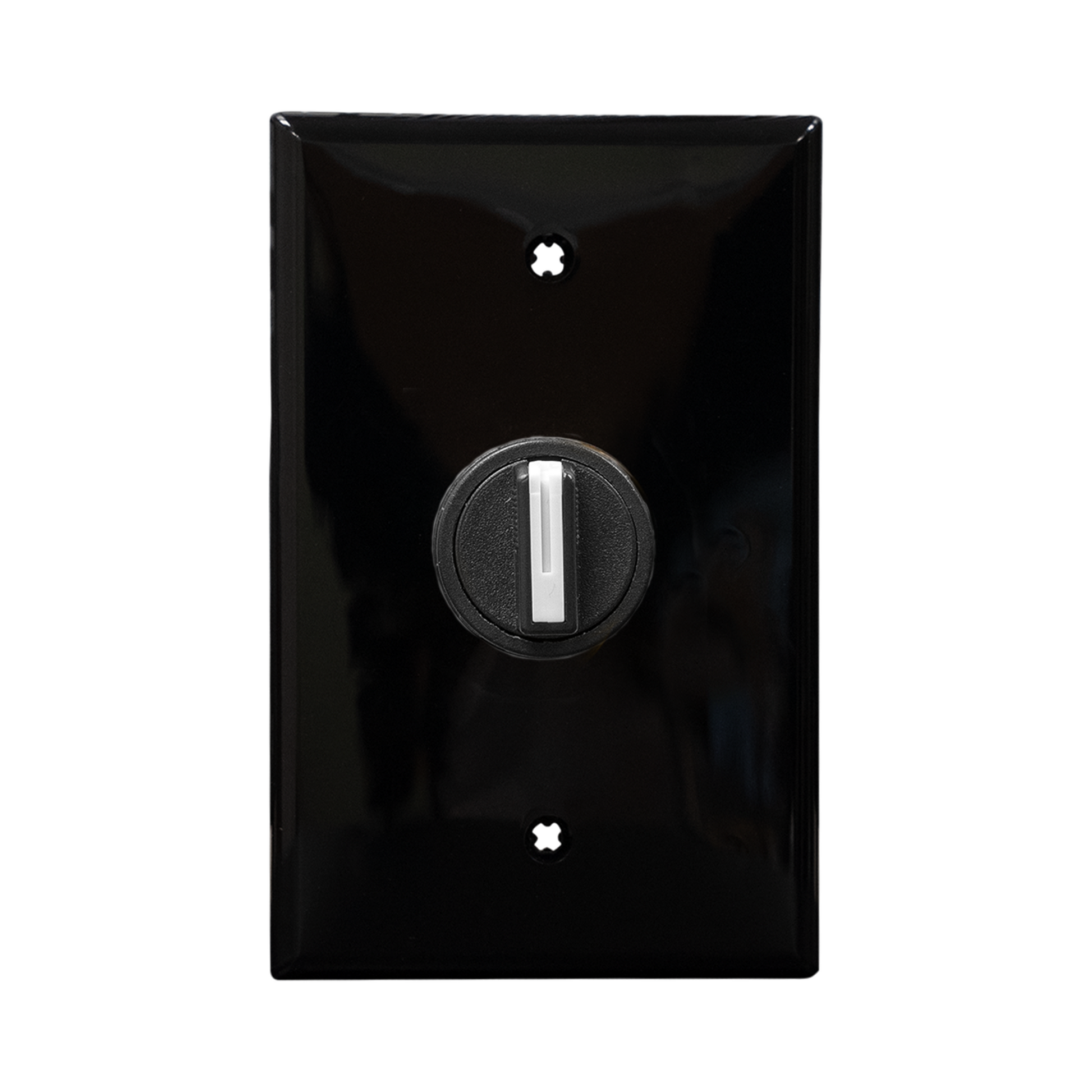 Black wall plate with black 3-position switch on a white background.