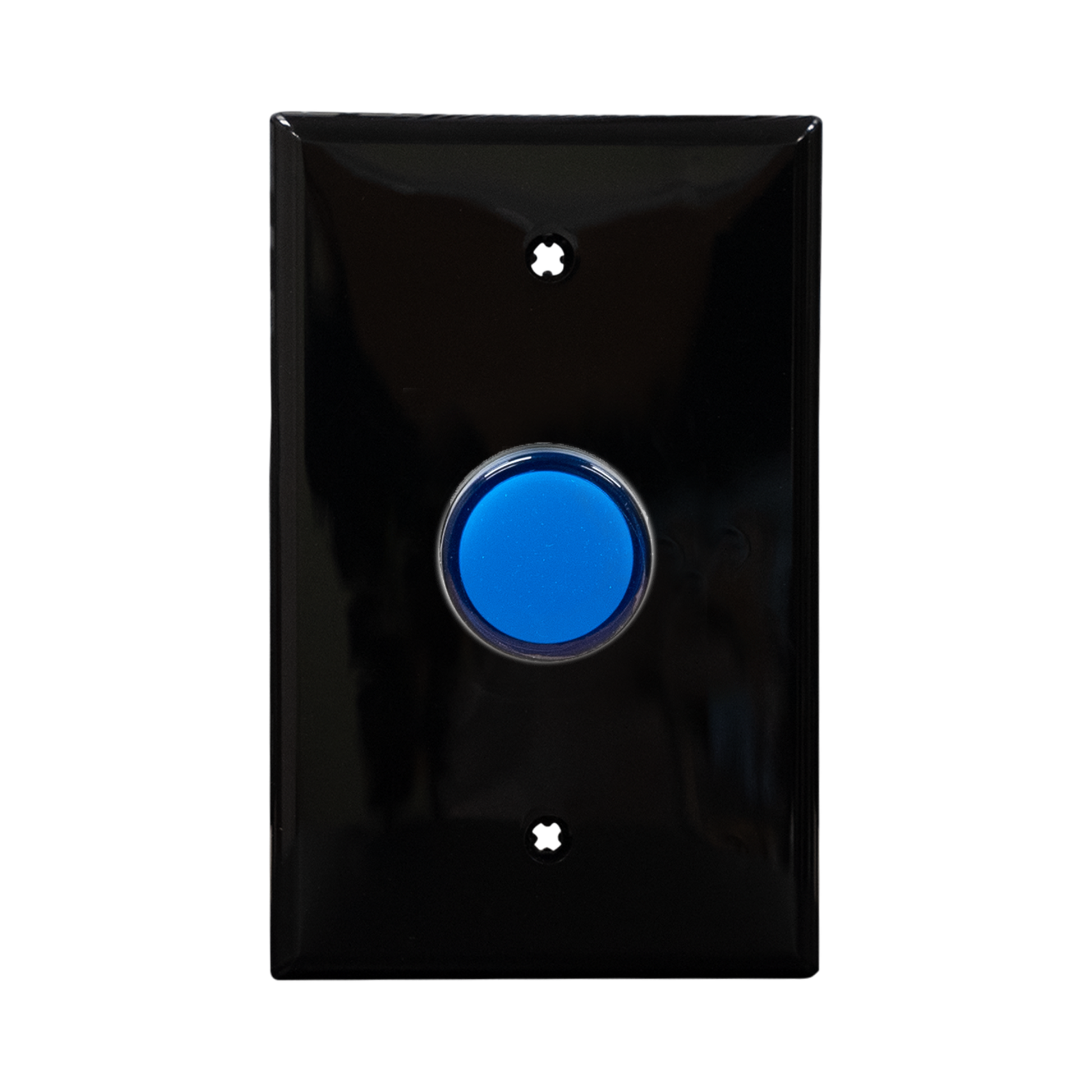 Black wall plate with blue pilot light on a white background.