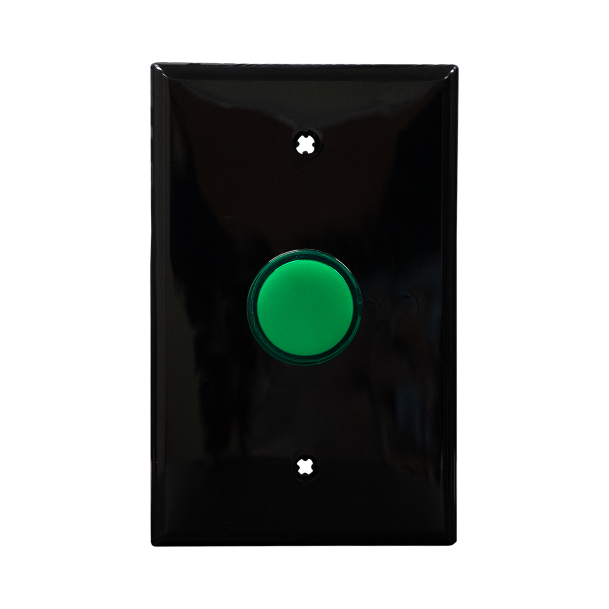 Black wall plate with green pilot light on a white background.