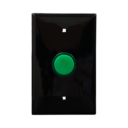 Black wall plate with green pilot light on a white background.