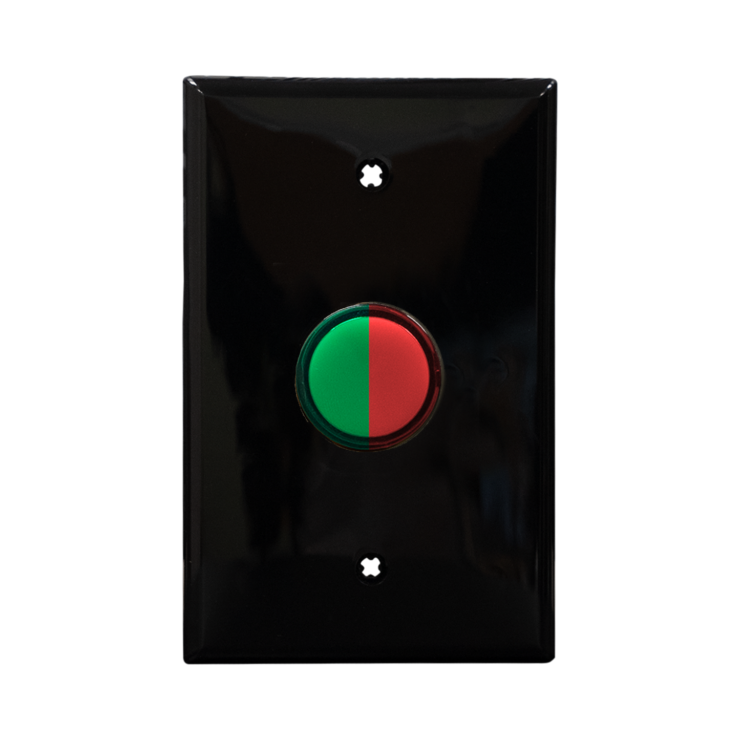 Black wall plate with bicolor red and green pilot light on a white background.