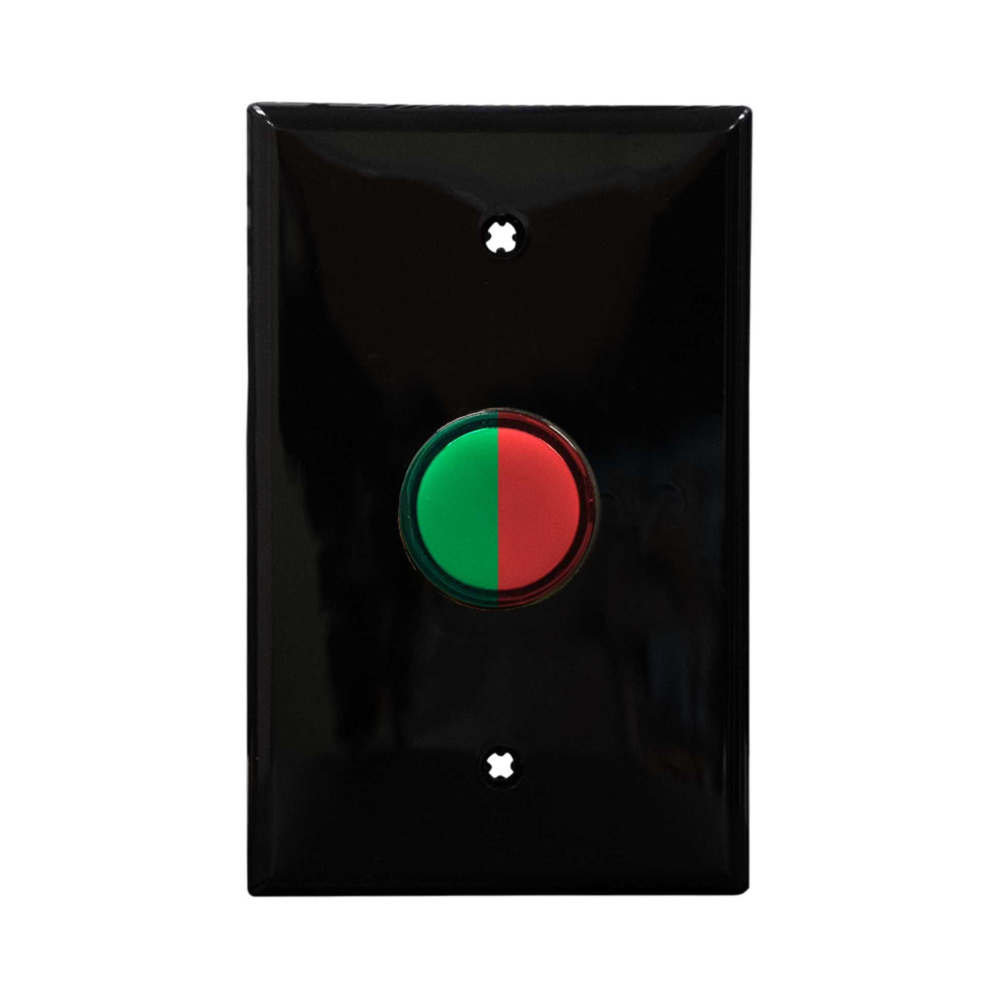 Black wall plate with bicolor red and green pilot light on a white background.