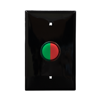 Black wall plate with bicolor red and green pilot light on a white background.