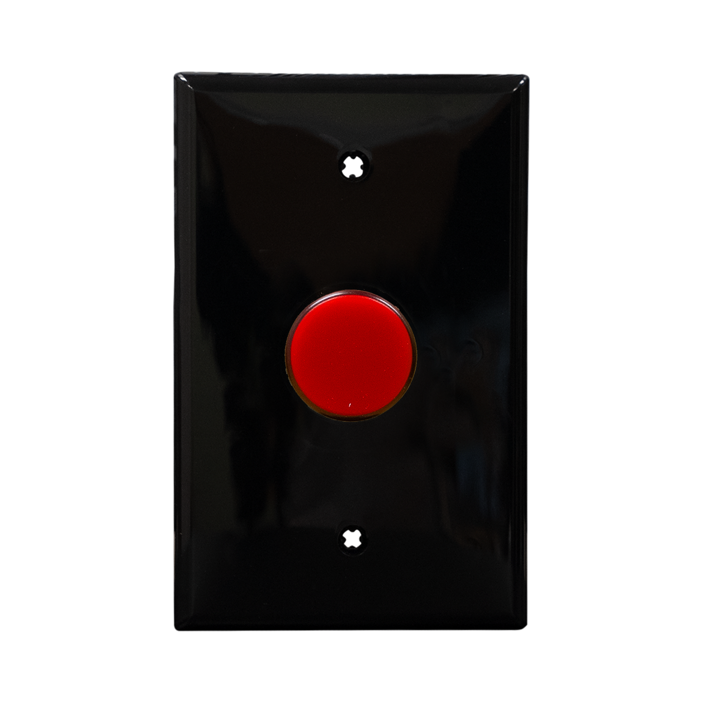 Black wall plate with red pilot light on a white background.