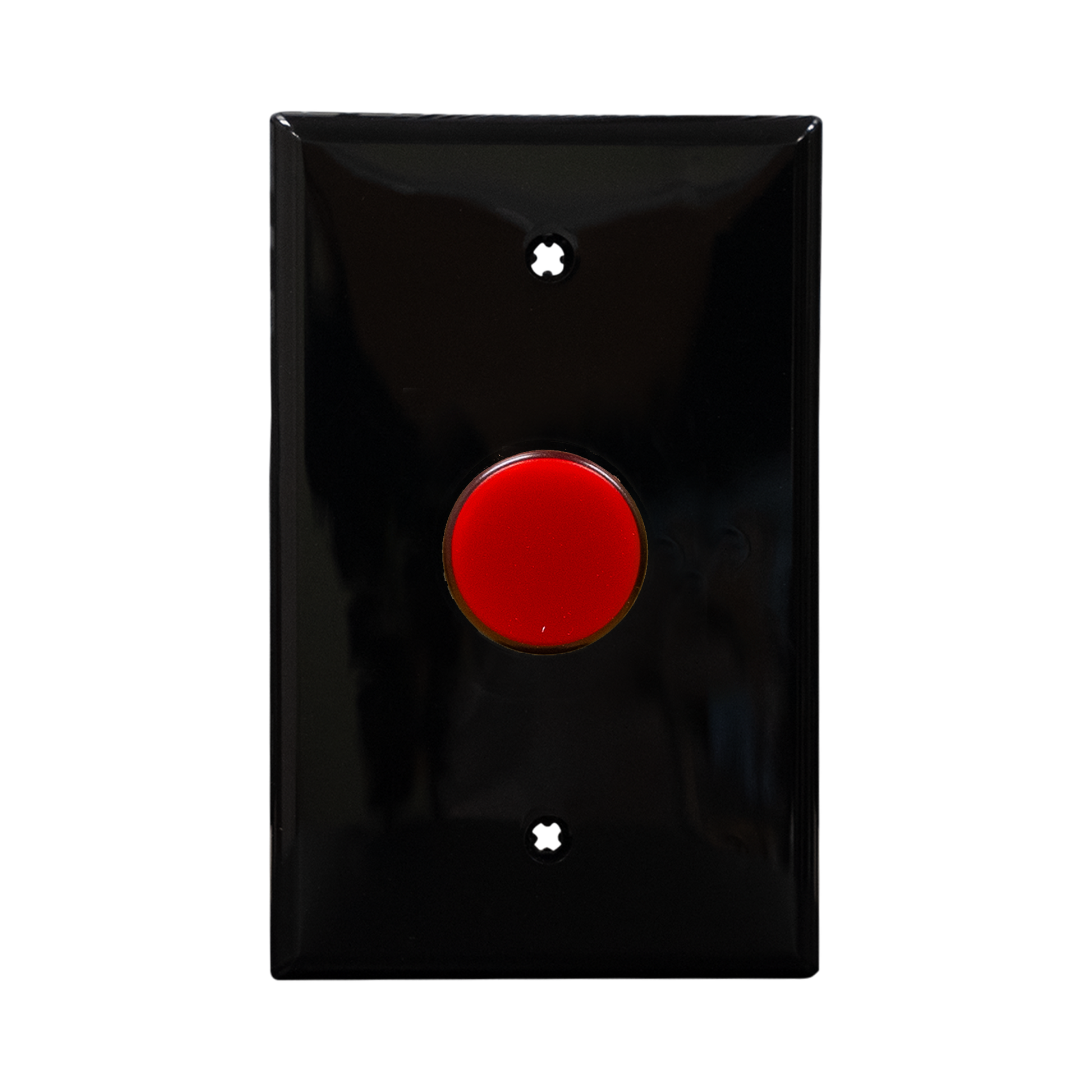 Black wall plate with red pilot light on a white background.