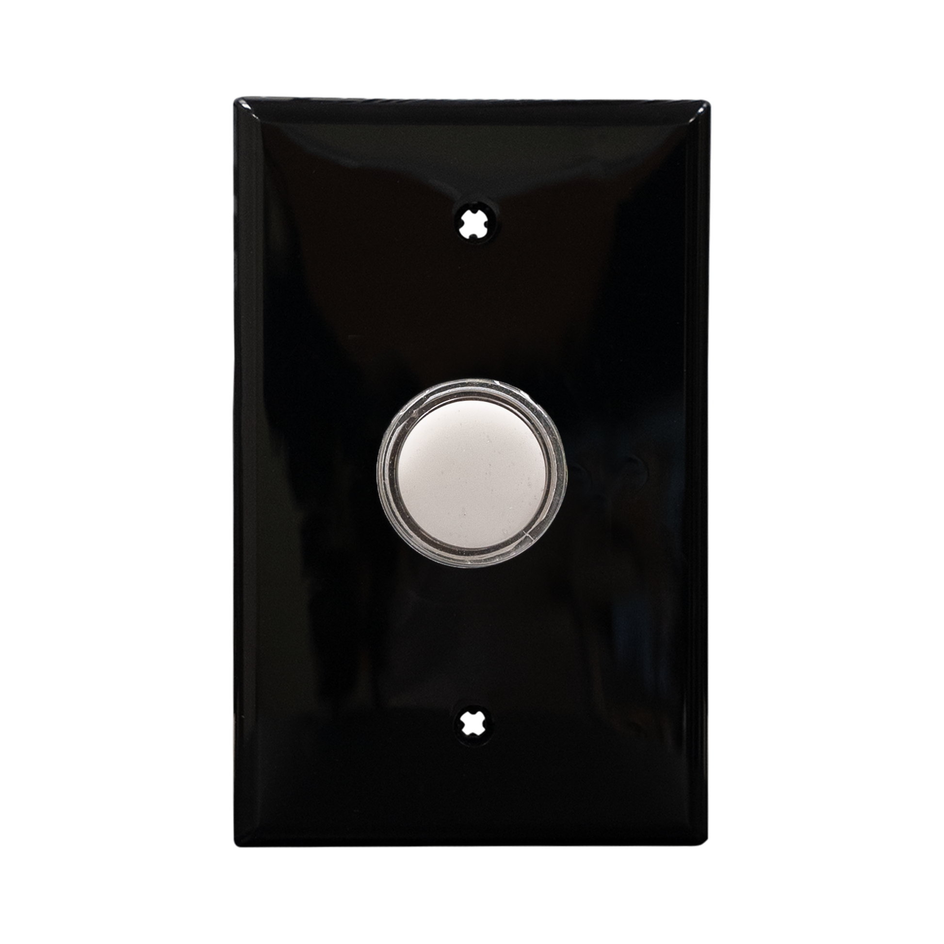 Black wall plate with a white pilot light on a white background.
