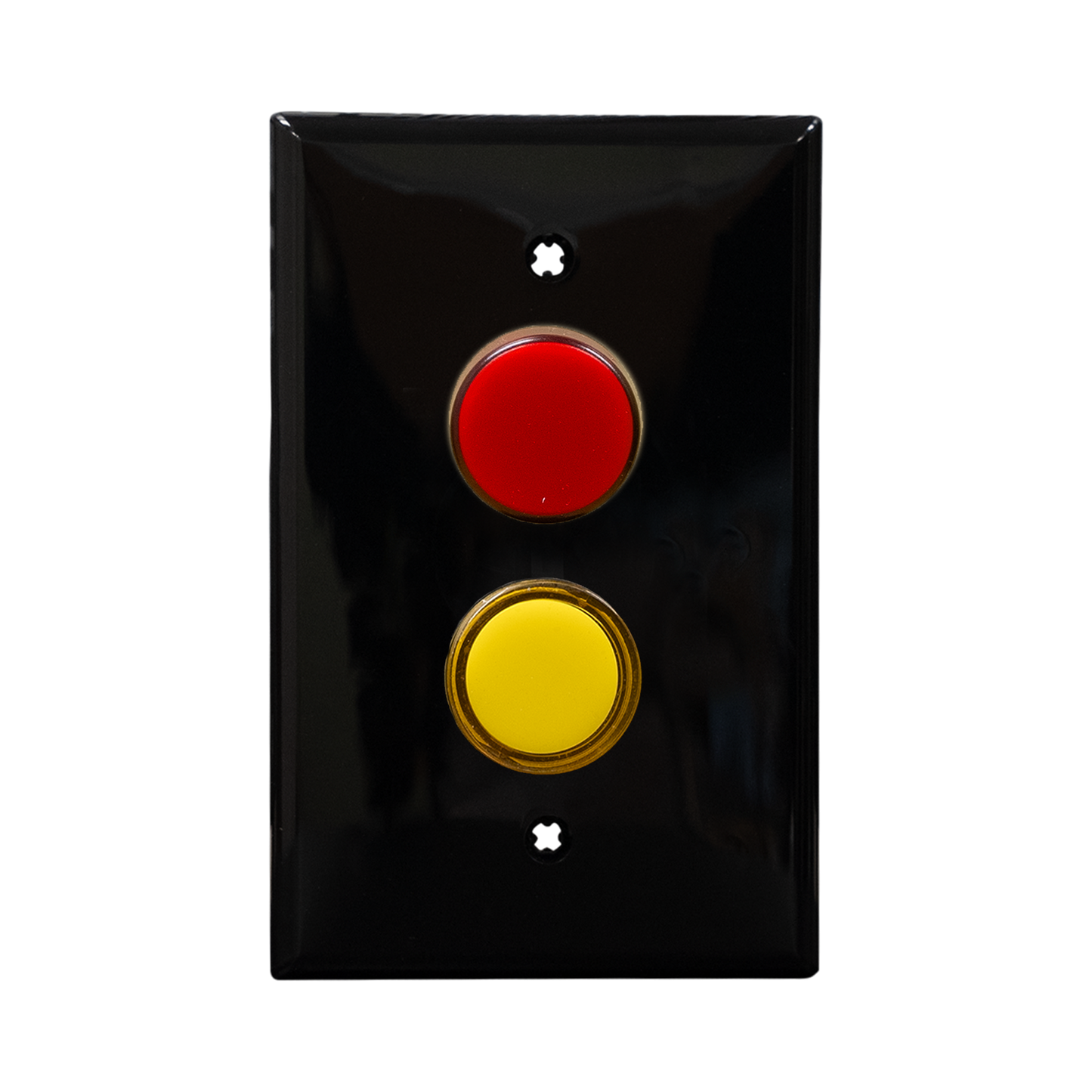 Black wall plate with two pilot lights, one red - one yellow.