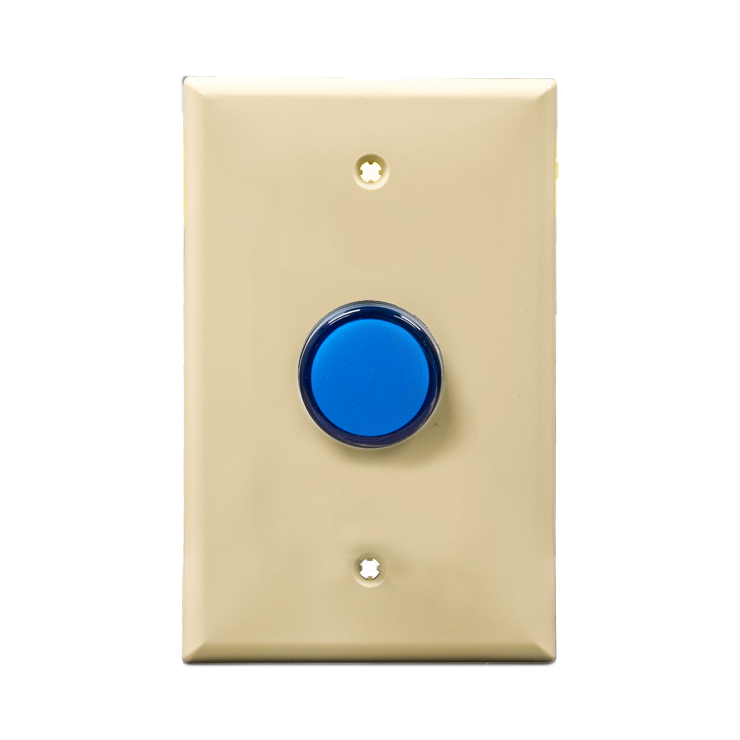 Ivory wall plate with blue pilot light on a white background.