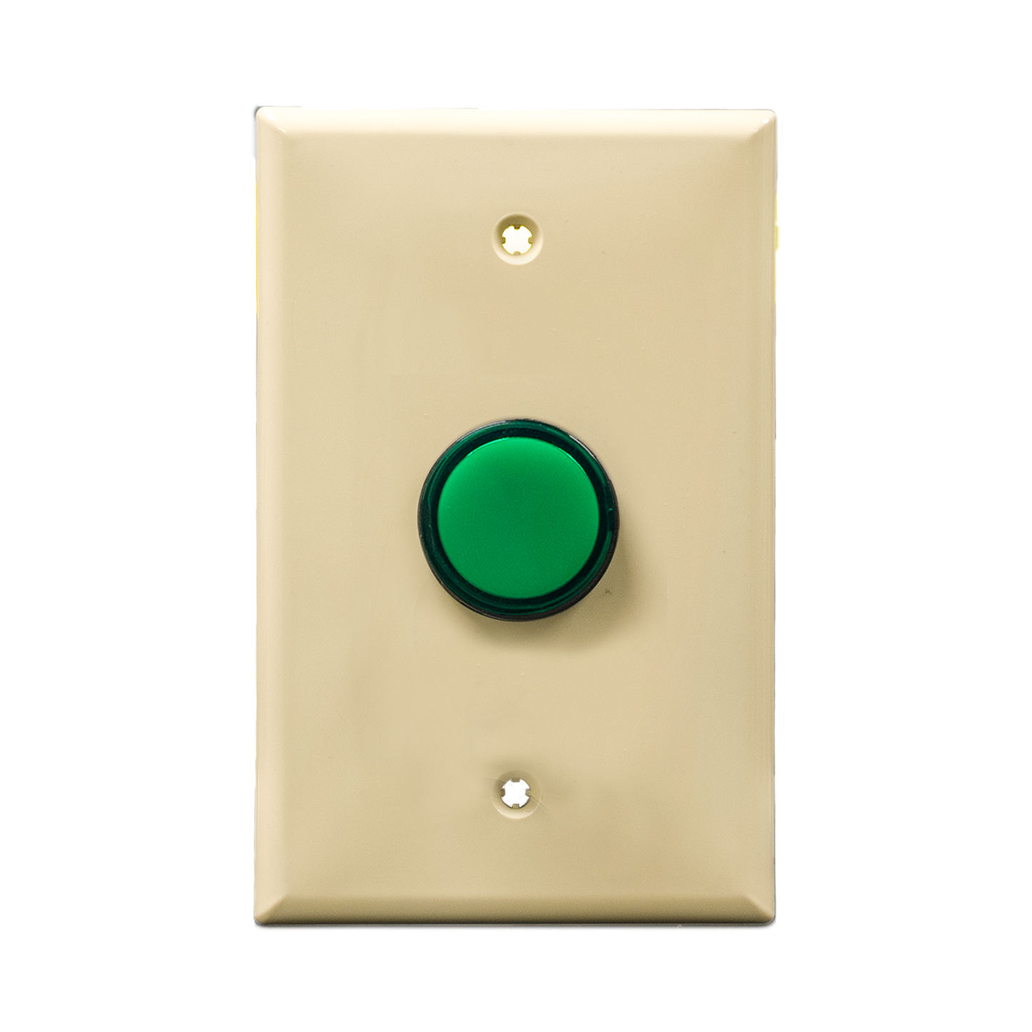 Ivory wall plate with green pilot light on a white background.