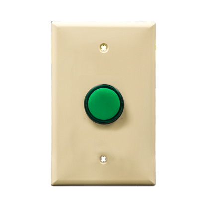 Ivory wall plate with green pilot light on a white background.