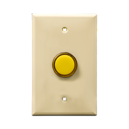 Ivory wall plate with yellow pilot light on a white background.