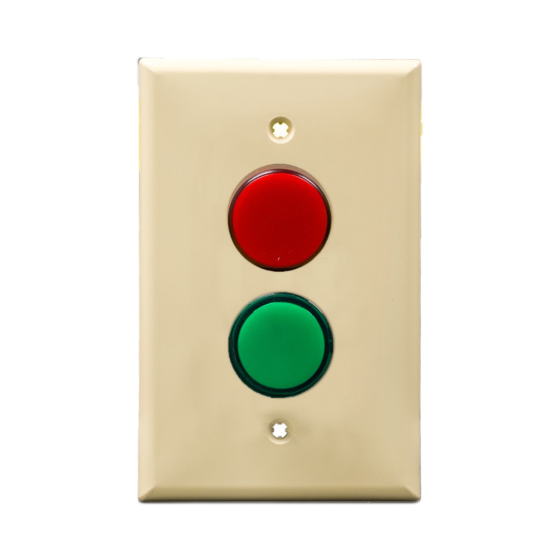 Ivory wall plate with two pilot lights, one red - one green on a white background.