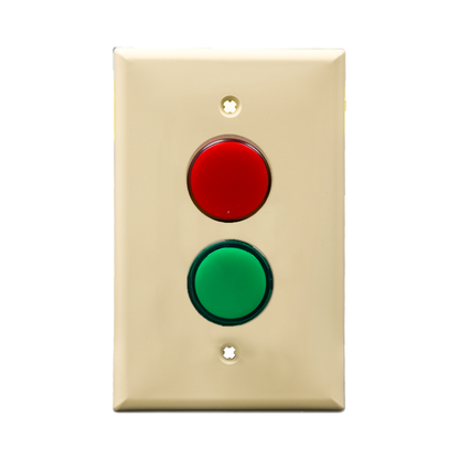 Ivory wall plate with two pilot lights, one red - one green on a white background.
