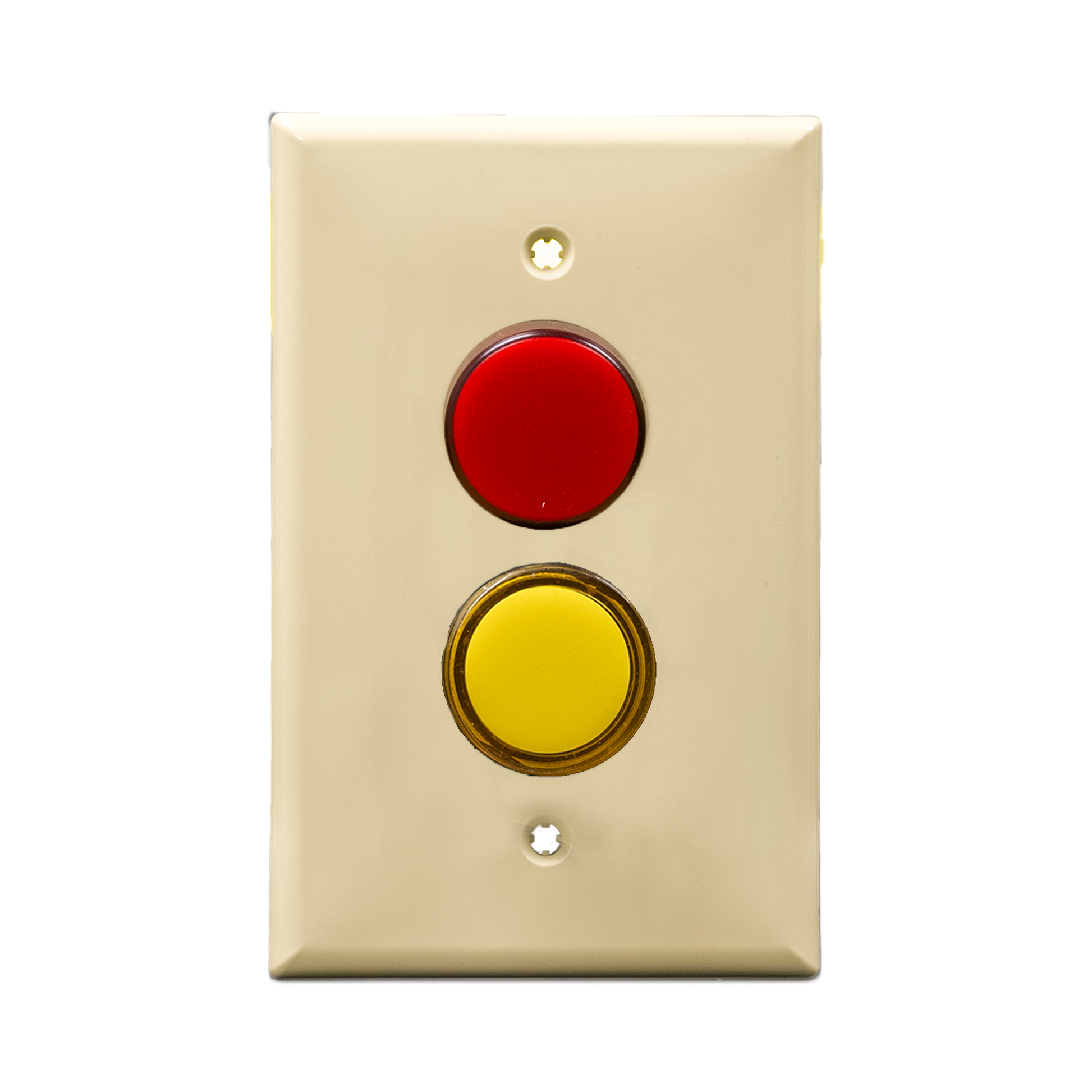 Ivory wall plate with two pilot lights, one red - one yellow on a white background.
