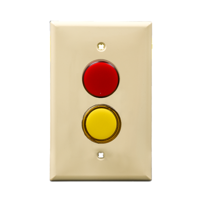 Ivory wall plate with two pilot lights, one red - one yellow on a white background.