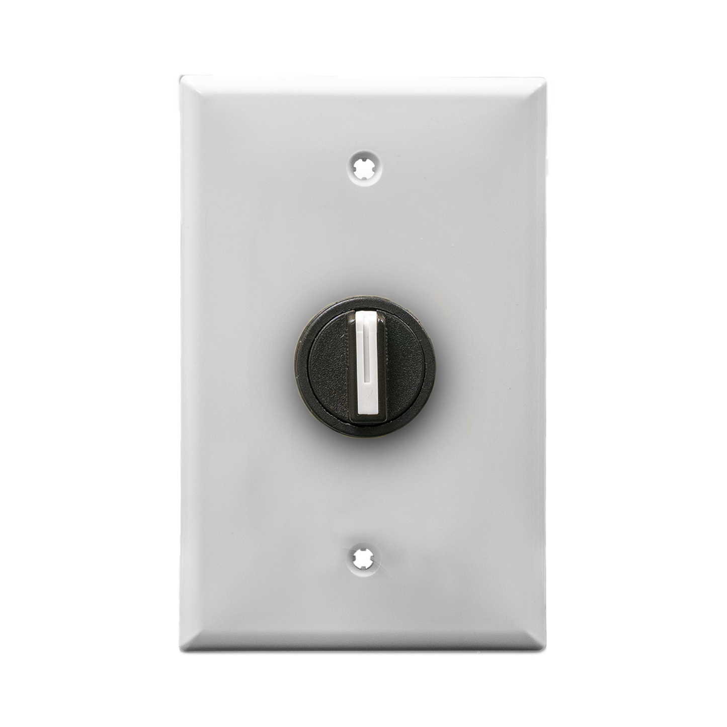 White wall plate with black 3-position switch on a white background.