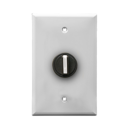 White wall plate with black 3-position switch on a white background.