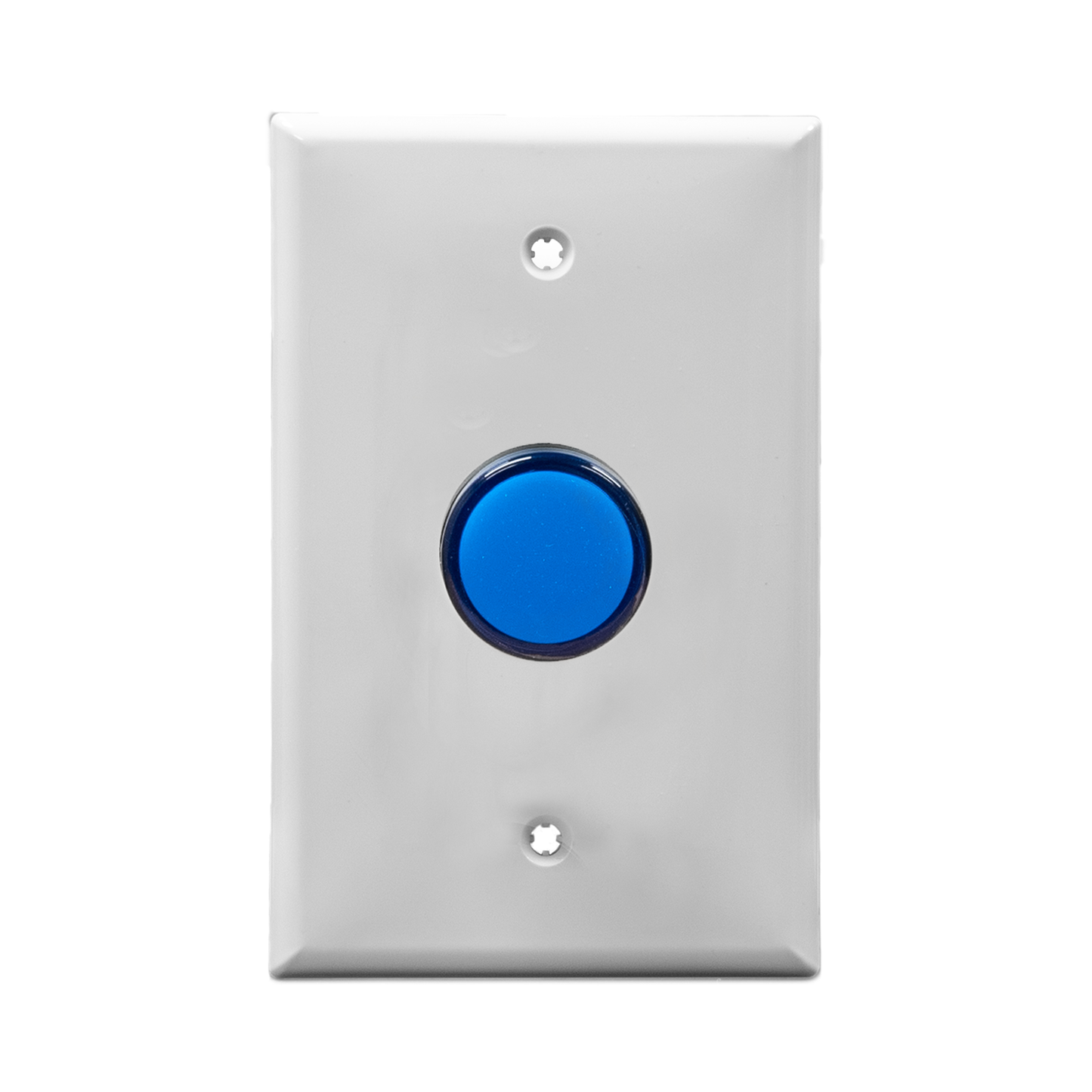 White wall plate with a blue pilot light on a white background.
