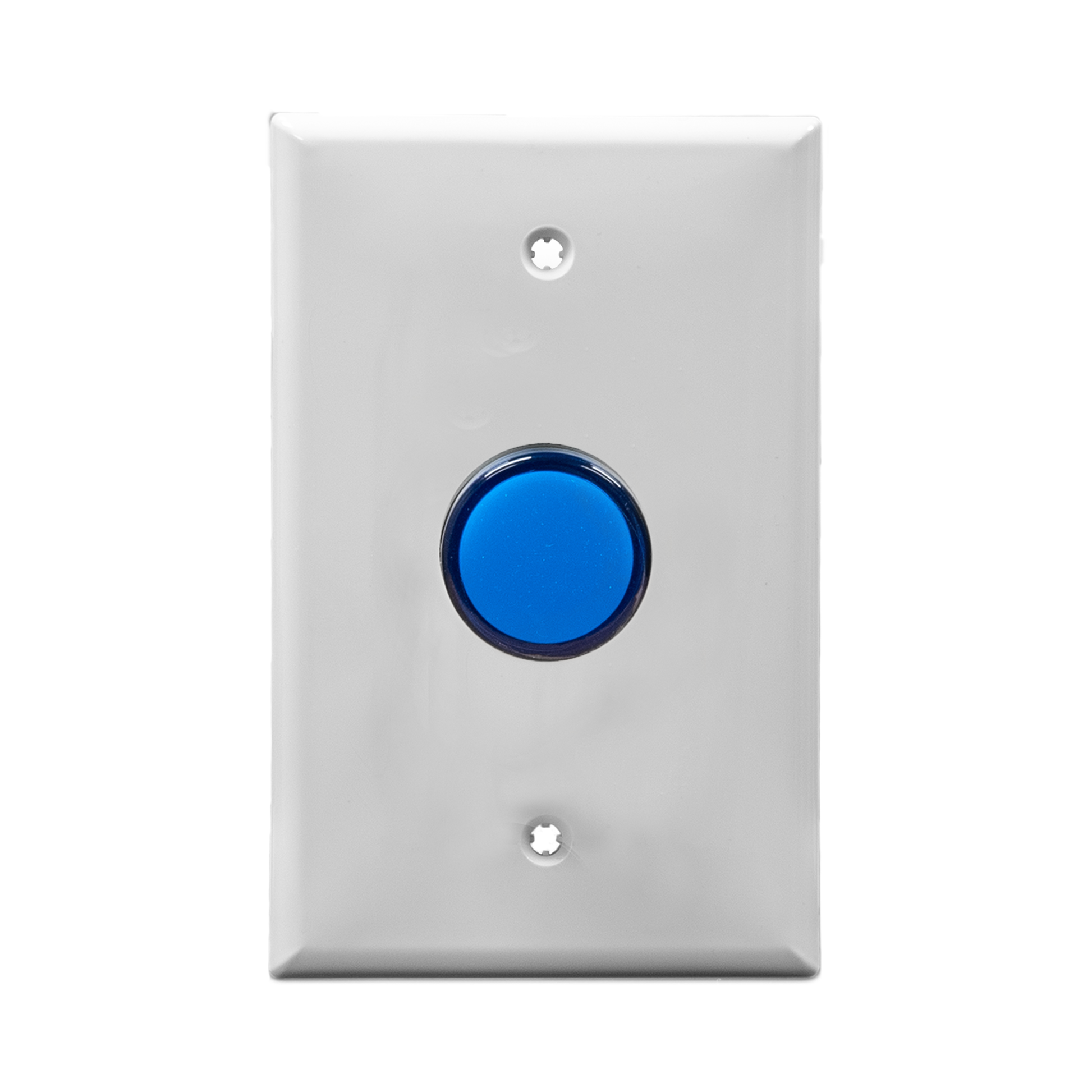 White wall plate with a blue pilot light on a white background.