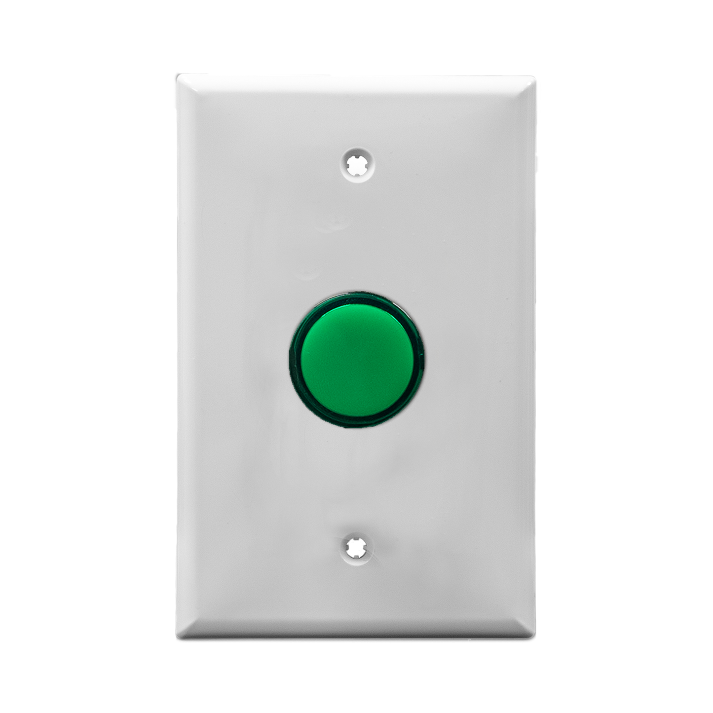White wall plate with a green pilot light on a white background.