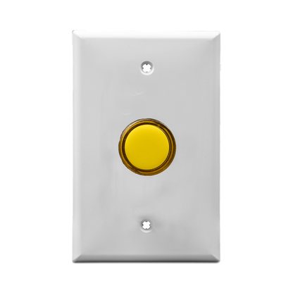 White wall plate with yellow pilot light on a white background.