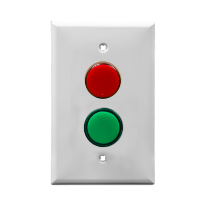 White wall plate with two pilot lights, one red - one green.
