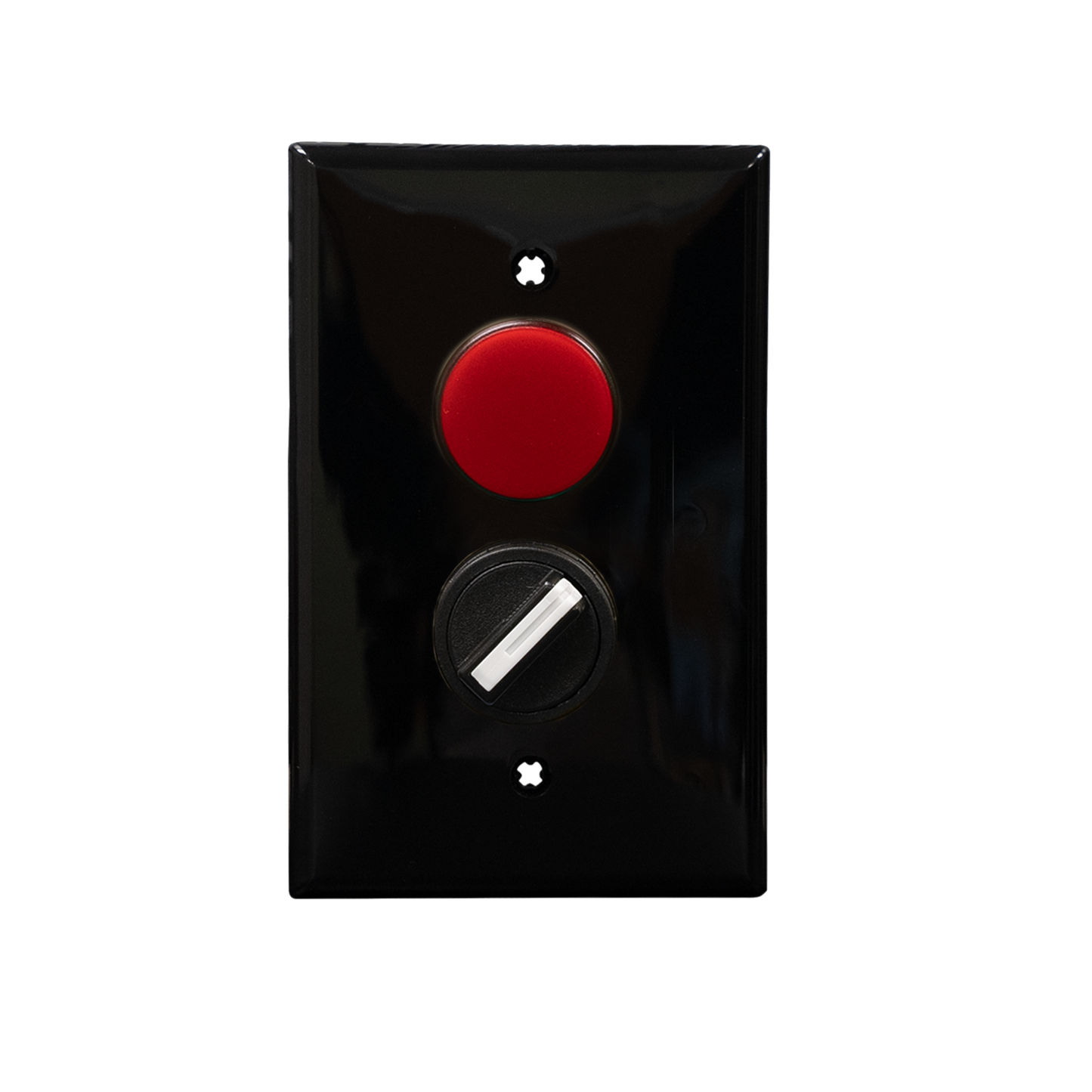 An black rectangular wall plate with a red pilot light and a black rotary dial.